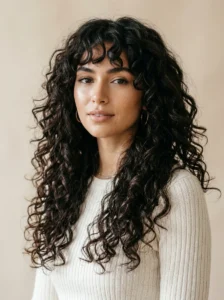 Long layered wavy and curly haircut with defined curls and natural volume