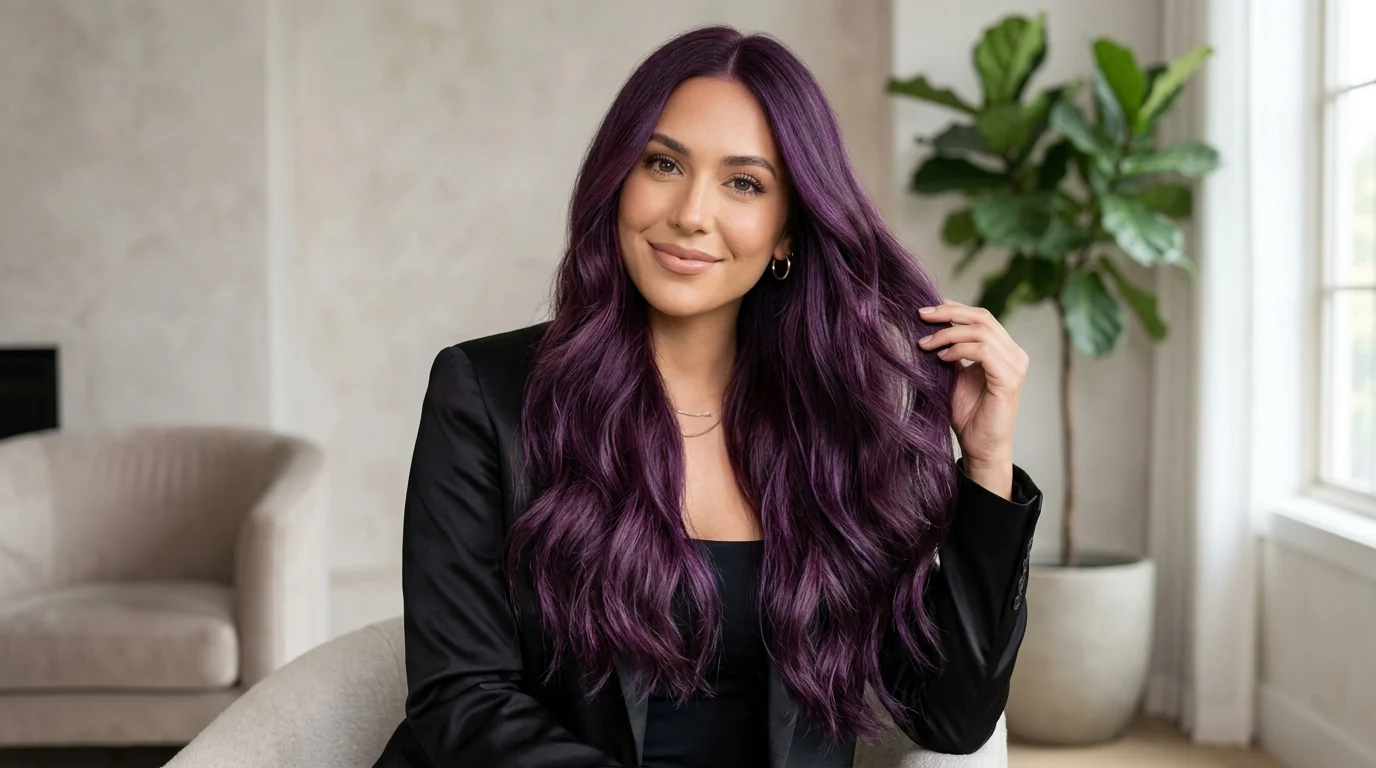 Woman with dimensional purple hair in deep plum and violet tones