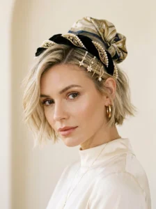 Short blonde hairstyle with decorative clips, headband, and silk scarf