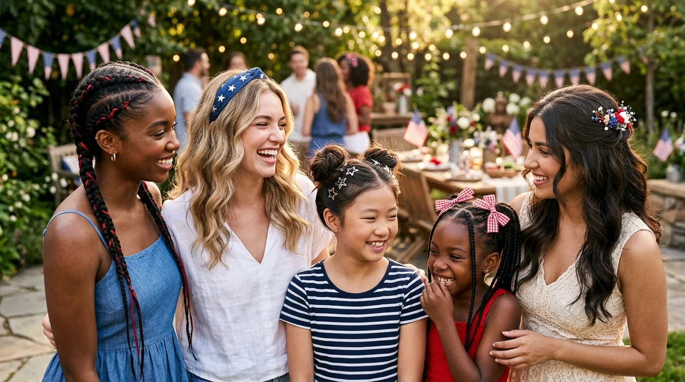 Cute 4th of July hairstyles with braids, ribbons, star clips, and red, white, and blue accessories.