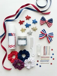 Hair accessories and temporary styling supplies for creating festive 4th of July hairstyles.