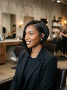 Sleek short bob with full blunt bangs framing the face.