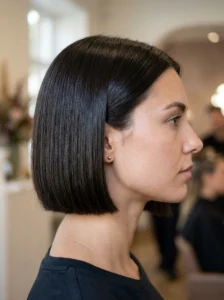 Precise blunt jaw-length 90s bob with minimal layering