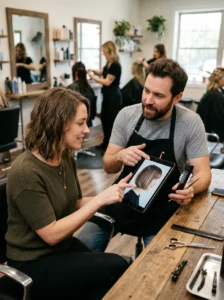 Stylist maintaining the precise line of a 90s bob haircut