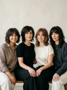 Woman styling the textured layers of a bob wolf cut with a curling wand