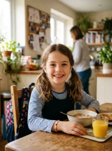 Young girl with simple two low pigtails for school