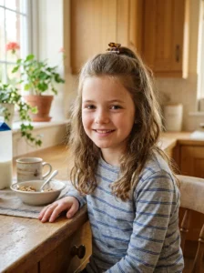 Girl wearing a quick half-up claw clip hairstyle for school