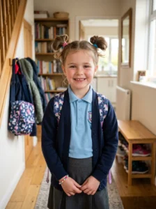 Young girl wearing quick space buns for school