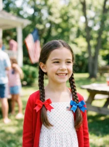 Braided pigtails finished with red and blue bows for the 4th of July.