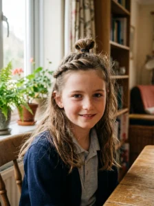Girl wearing a simple half-up twisted knot hairstyle