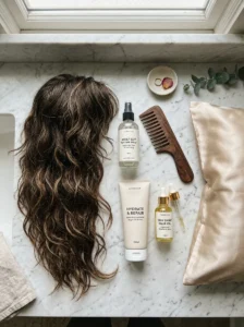 Hair products and accessories for maintaining a long wolf cut