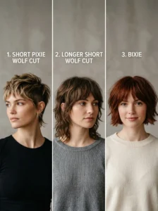 Comparison of a pixie wolf cut with longer short wolf cut and bixie styles