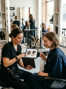 Woman discussing short hair updo options with her stylist