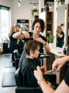 Stylist carefully cutting a bixie to maintain the right balance of layers and length.