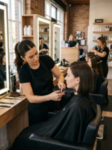 Stylist creating a precise blunt 90s bob haircut in a salon