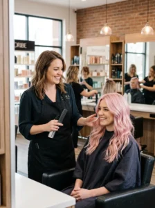 Professional hairstylist helping a client choose and maintain pink hair.