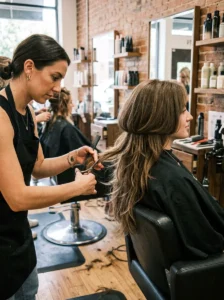 Hairstylist maintaining the multiple layers of a dramatic octopus haircut