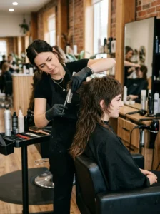 Hairstylist maintaining the layered shape and length contrast of a mullet wolf cut