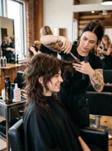 Hairstylist maintaining the layers and texture of a rocker-inspired haircut