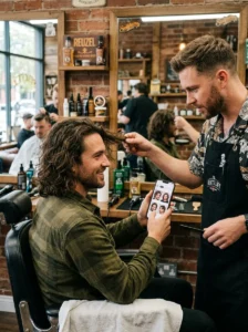 Man discussing a flowy layered haircut and growth plan with his barber