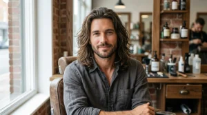 Man wearing a flowy layered haircut with natural movement and texture