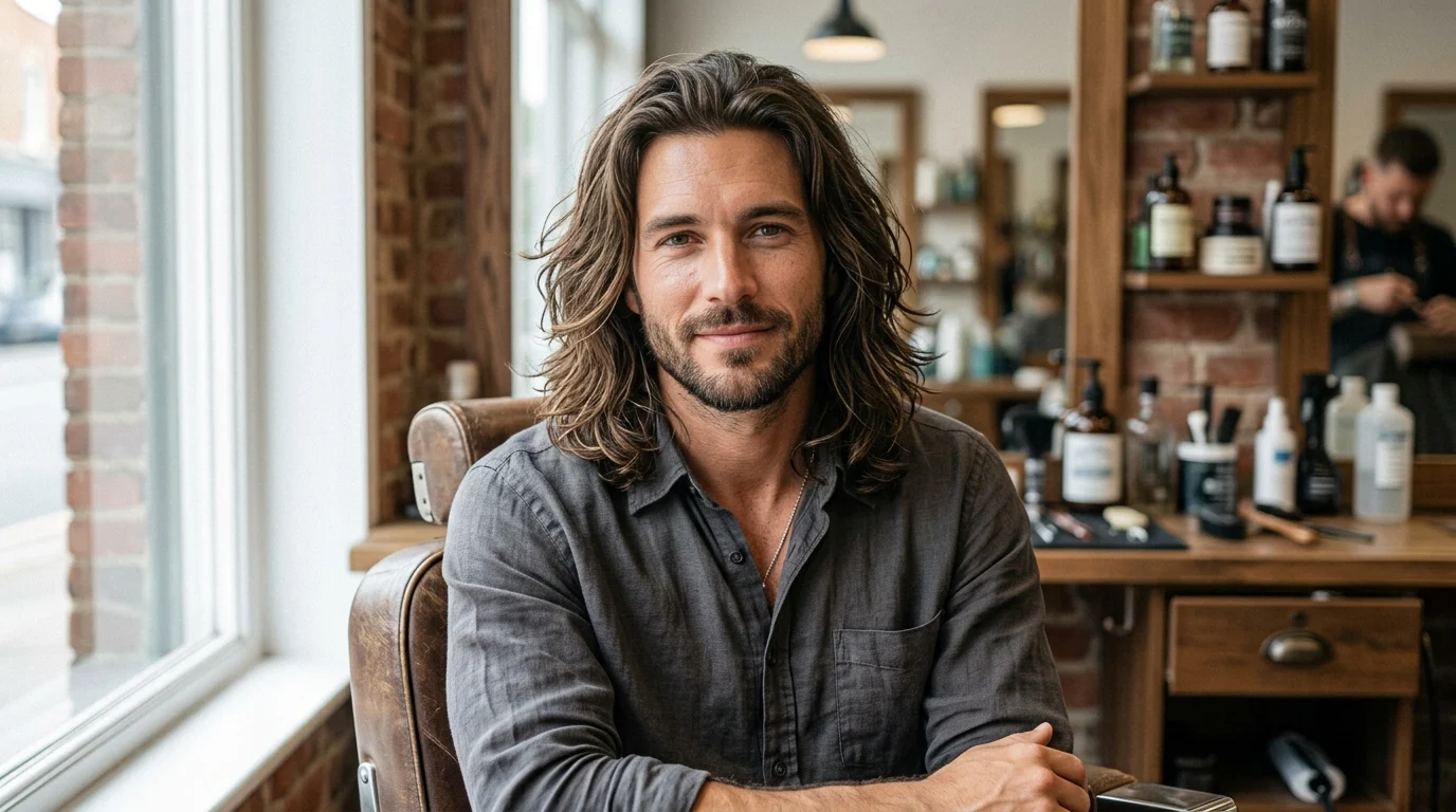 Man wearing a flowy layered haircut with natural movement and texture