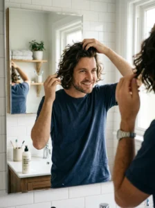 Man finger-styling medium-length hair for natural movement and texture