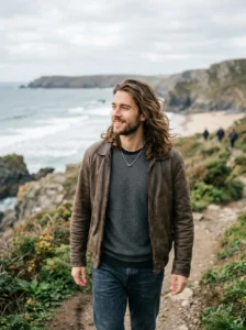 Man with shoulder-length layered hair showing natural movement and waves