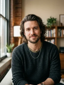 Man wearing a lightly slicked-back long hairstyle with natural movement