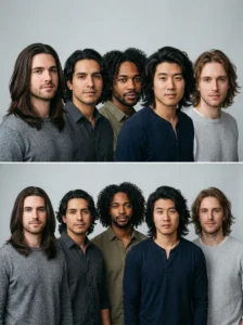 Flowy men's hairstyles shown on straight, wavy, curly, thick, and fine hair