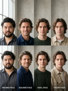 Flowy men's hairstyles adapted for different face shapes