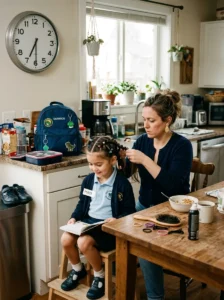 Parent styling a child's hair during a busy school morning