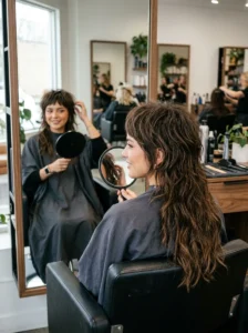 Person examining the dramatic length contrast and layers of a finished mullet wolf cut