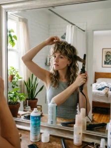 Styling a mullet wolf cut with texturizing spray and loose curls