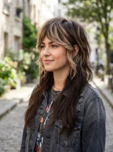 Dimensional color highlighting the layers and length contrast of a mullet wolf cut