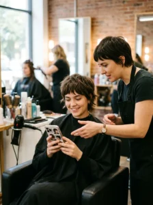 Client and stylist discussing short wolf cut reference photos