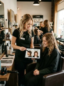 Hairstylist maintaining the short layers and shape of a pixie wolf cut
