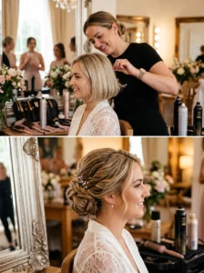 Short hair updo enhanced with small matching extensions