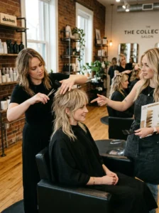 Warm honey blonde wolf cut with subtle darker root shadowing