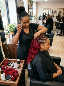 Stylist installing vibrant red weave extensions in a salon