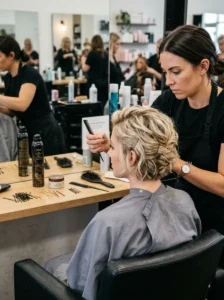 Stylist securing a short hair updo with proper pinning technique