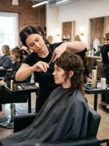 Woman styling a short wolf cut with texturizing product