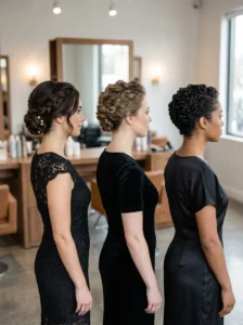 Different short hair lengths styled for formal updos
