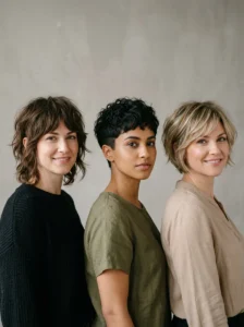 Stylist trimming the layered shape of a short wolf cut