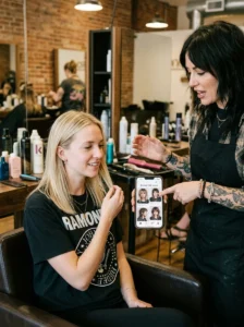 Salon consultation about avoiding common mistakes with a rocker-inspired hairstyle