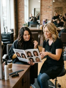Salon consultation showing how to avoid common shag haircut mistakes