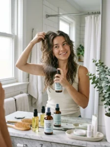 Woman using texturizing spray to enhance movement in a long wolf cut