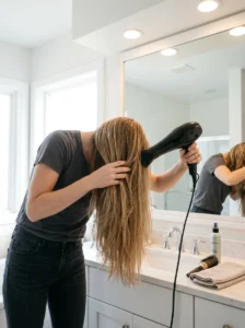 Blow-drying layered hair for maximum root lift and volume.