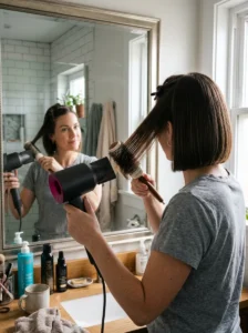 Woman blow-drying a sleek 90s bob with a round brush
