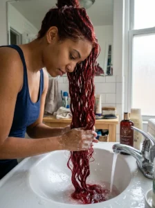 Woman caring for long red weave hair with color-safe hair products